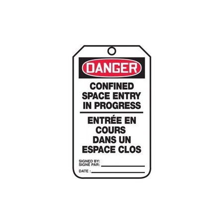 Accuform French Bilingual Safety Tags, DANGER CONFINED SPACE ENTRY IN PROGRESS, 5.75in x 3.25in, 5PK TCF191PTM